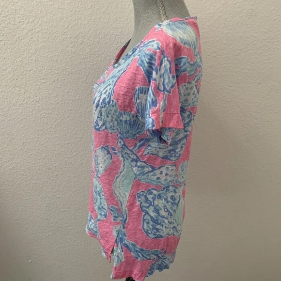 Lilly Pulitzer Mikela Pink Pout Barefoot Princess Blue Shells 100%Linen Shirt XS - Picture 8 of 15